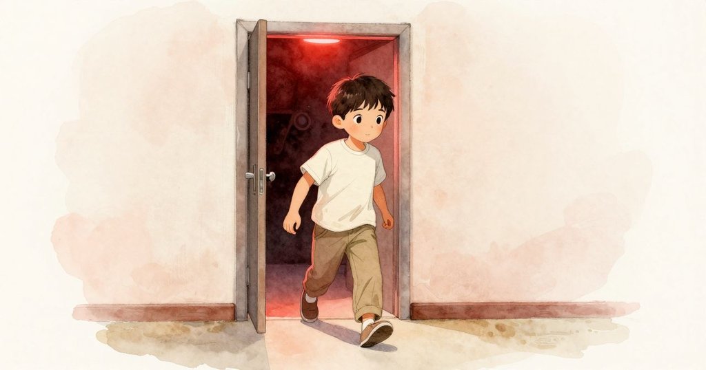 阿莫斯走進暗室,紅光點亮房間,整個場景呈現暖色調,情緒充滿期待與開端