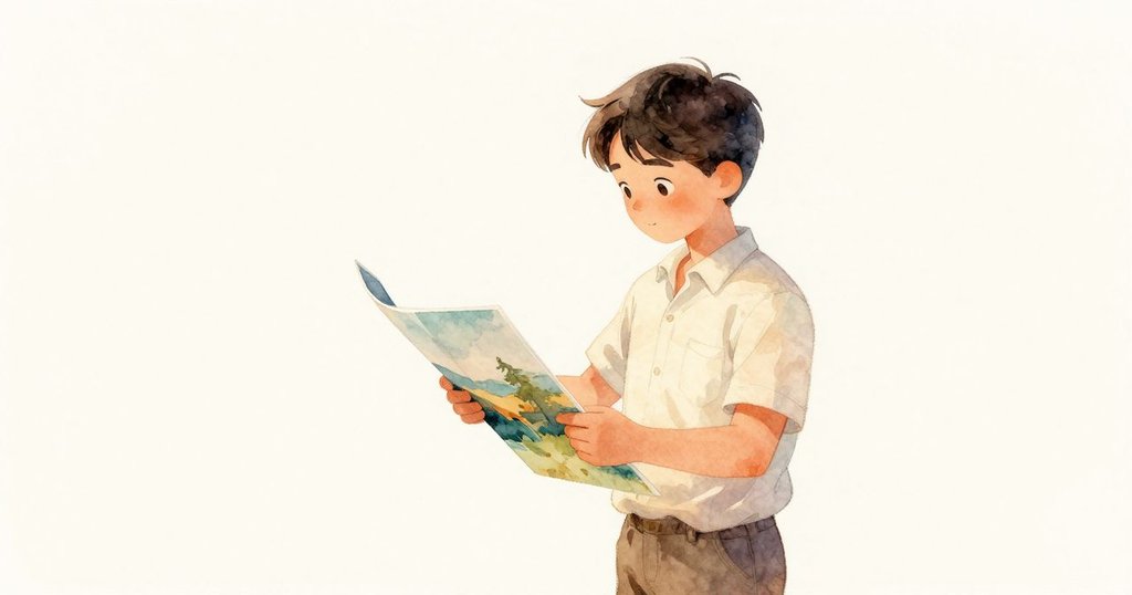 阿莫斯細心檢視昨日風景相片,記憶色調柔和,思緒萬千,場景溫馨且充滿懷舊感