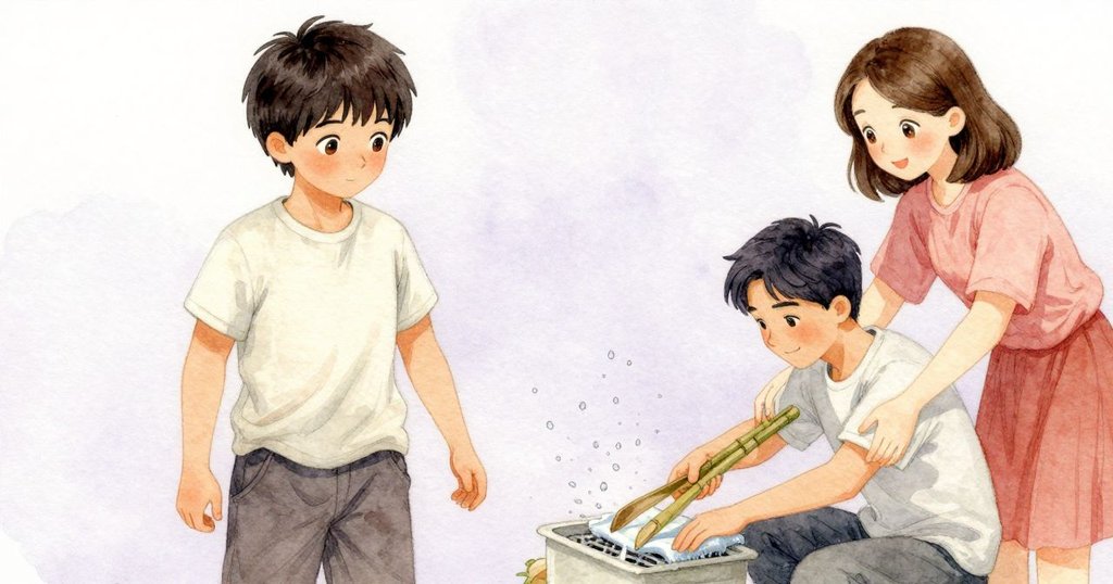 阿莫斯用竹夾輕拭相片水滴,佛羅拉在旁微笑協助,場景動感溫馨,細節豐富呈現互動瞬間