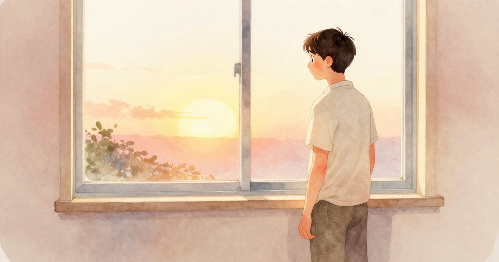 阿莫斯站在窗邊欣賞完美相片,落日餘暉灑滿房間,內心寧靜滿足,場景充滿溫暖與希望