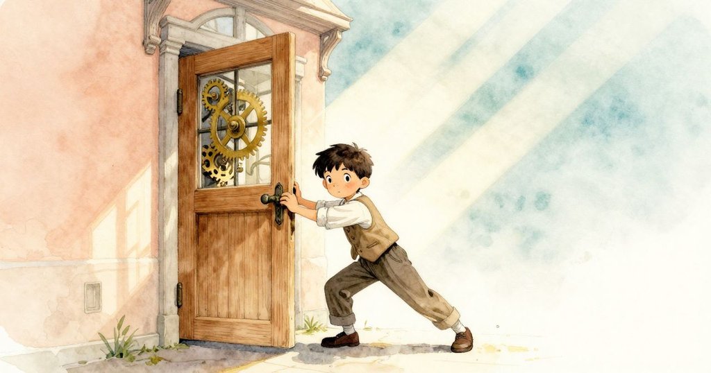 男孩Seth推開橡木門進入鐘樓，遠處可見古老的齒輪與石牆，光線溫暖，充滿神秘感