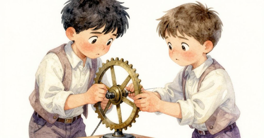 男孩Seth仔細檢查帶有新刻痕的時鐘輪，近距離展示手與銅齒輪細節，光線柔和，充滿歷史感