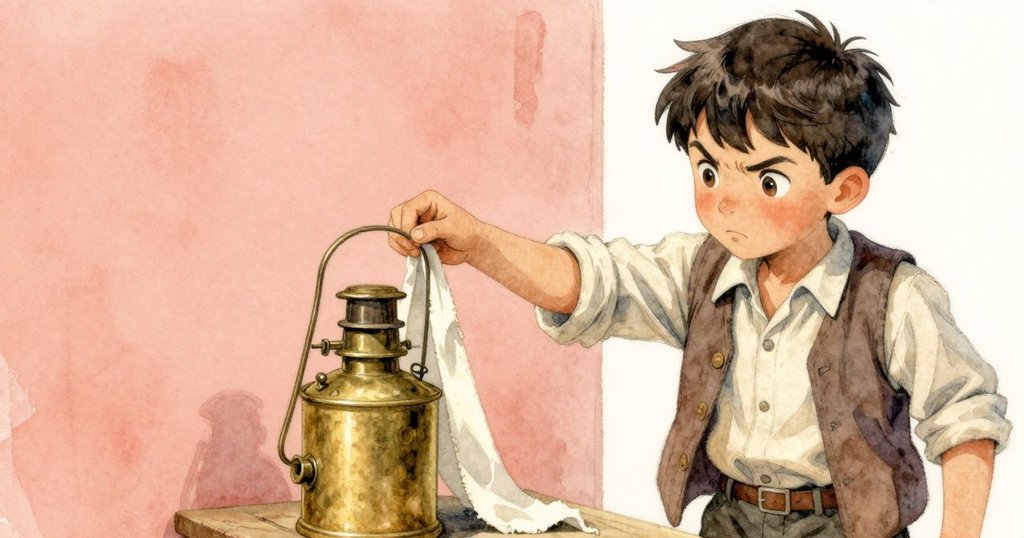 從後方看見Seth伸手拿起亞麻布條，旁邊是黃銅油杯，細節豐富且光線柔和，呈現動態互動