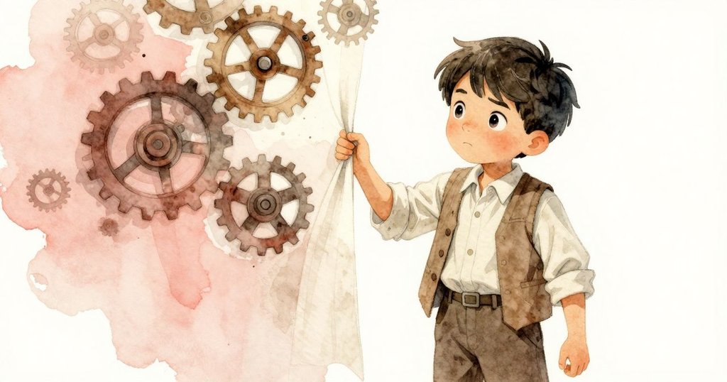 Seth猶豫著拿著亞麻布條，面露糾結神情，背景中的齒輪與油滴映射出內心衝突與轉變