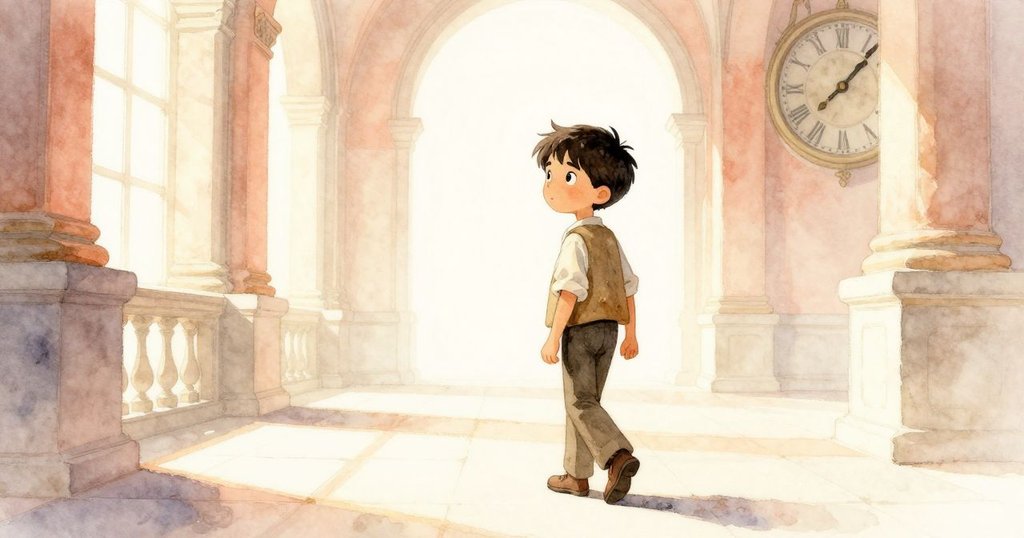 Seth離開鐘樓室，手持布條回望告別，夕陽照耀下的鐘樓營造出溫暖且充滿希望的場景