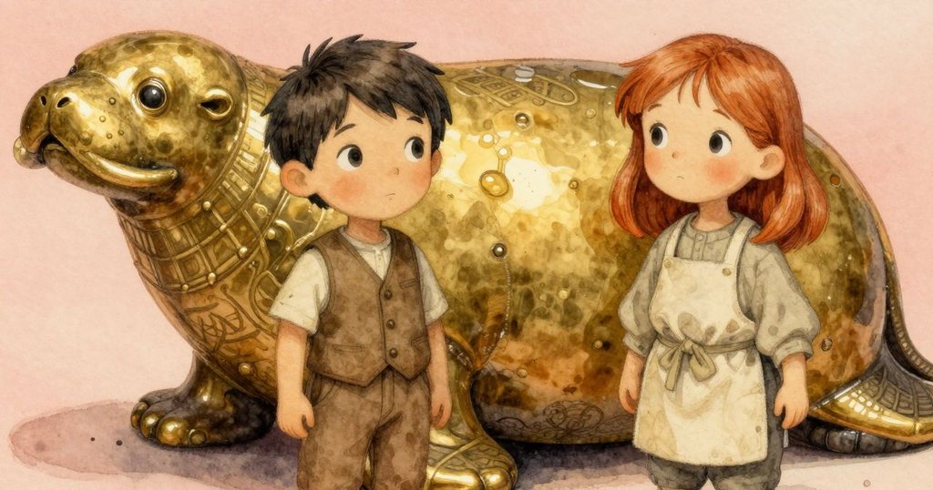 小型黃銅海象雕像在石板下，表面油光閃爍綠金交替，展示微妙花紋，充滿探索細節的奇妙瞬間