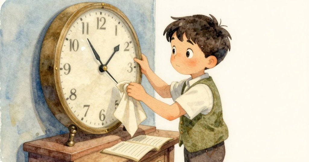 韋德在齒輪機構旁調整布料，小冊輕搖，玻璃反射出細膩光芒，神情專注展現內心緊張