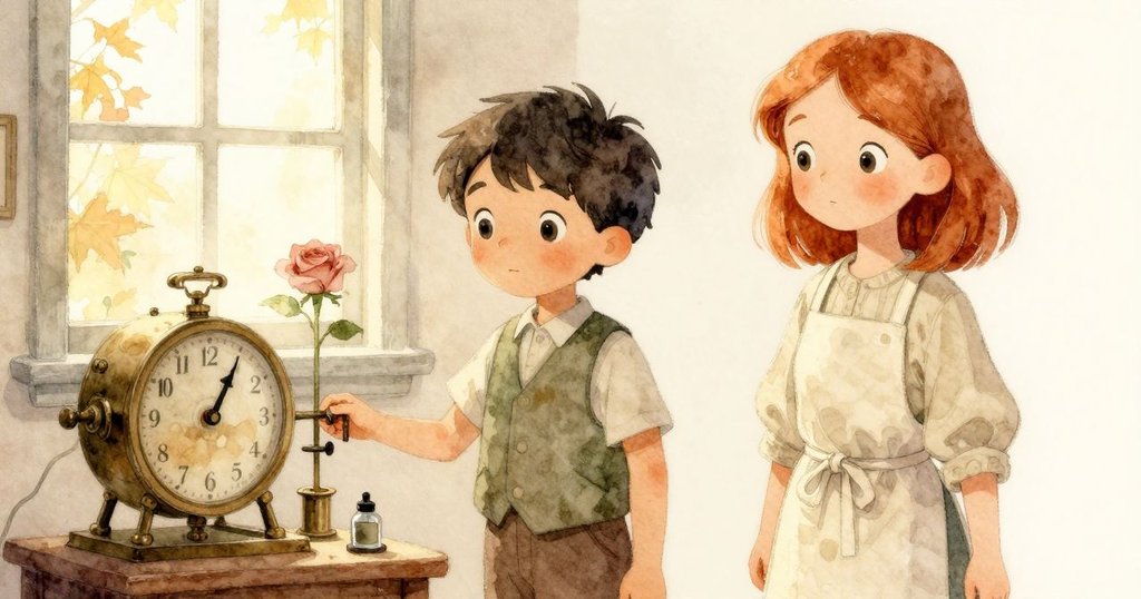 齒輪房內秋日陽光透窗灑落，溫暖柔和光影映照在微妙的油杯與機械部件上，充滿寧靜情緒