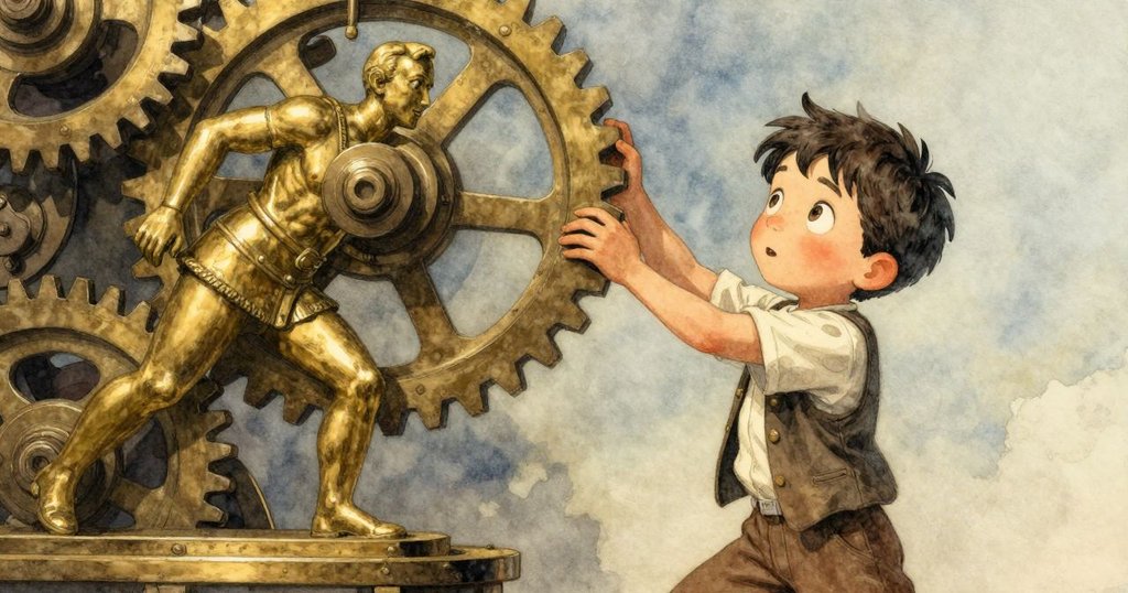 韋德緊握黃銅海象，齒輪板輕微下垂，指針頓挫，畫面展現懸念與內心糾結的緊張瞬間