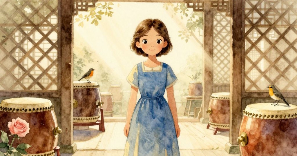 Cora站在開放格子窗旁, 觀看充滿毛巾和工具的舞台, 一隻知更鳥停在大鼓面, 清晨光線灑落, 表情充滿驚奇