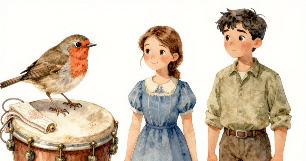 細緻特寫鼓面, 層疊毛巾與線纜交錯, 露出知更鳥留下的細微劃痕, 呈現豐富質感