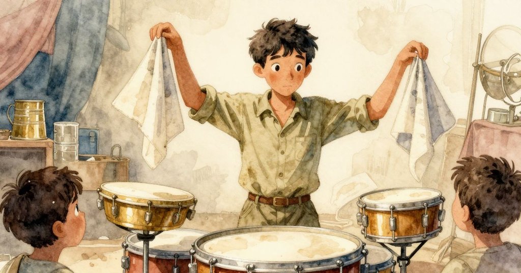 Yves從鼓後走出, 平衡著清潔工具, 舞台上擺放整齊雜物, 臉上流露專注神情, 氣氛溫暖