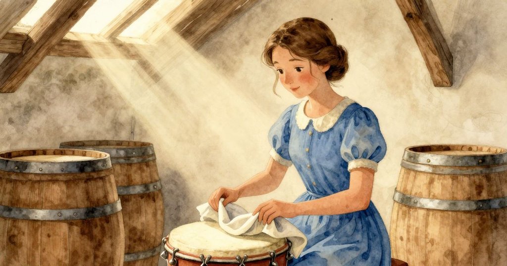 Cora專心拆除鼓面上層疊的布料, 陽光透過樑間灑下, 窺見木桶與光澤細節, 氣氛溫柔