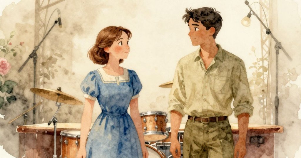 Cora與Yves在清潔後的鼓舞前互相微笑, 臉上滿是期待與喜悅, 知更鳥靜立旁邊, 場景明亮和諧