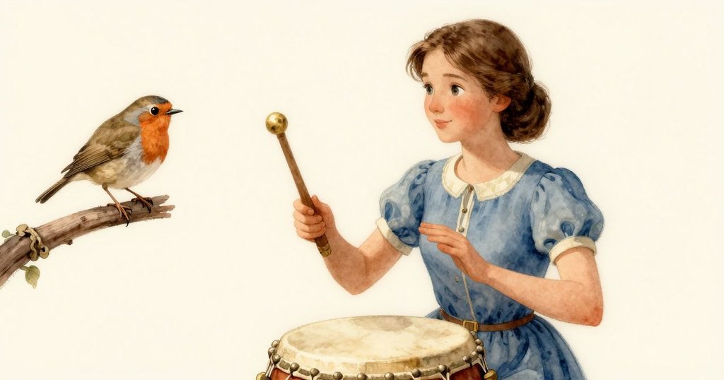 Cora揮棒敲擊光亮鼓面, 傳出清脆音符, 知更鳥靜靜注視, 展現寧靜與滿足, 收尾美好早晨