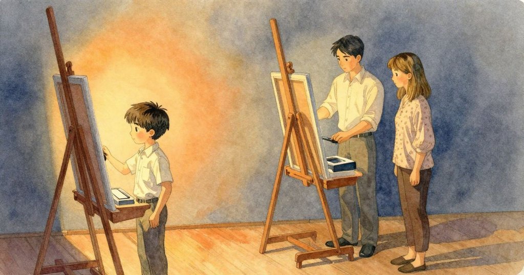 奧森在暗房中靠近畫架站立,海蒂輕握竹夾拿著紙張,燈光溫暖,氣氛寧靜等待動作展開