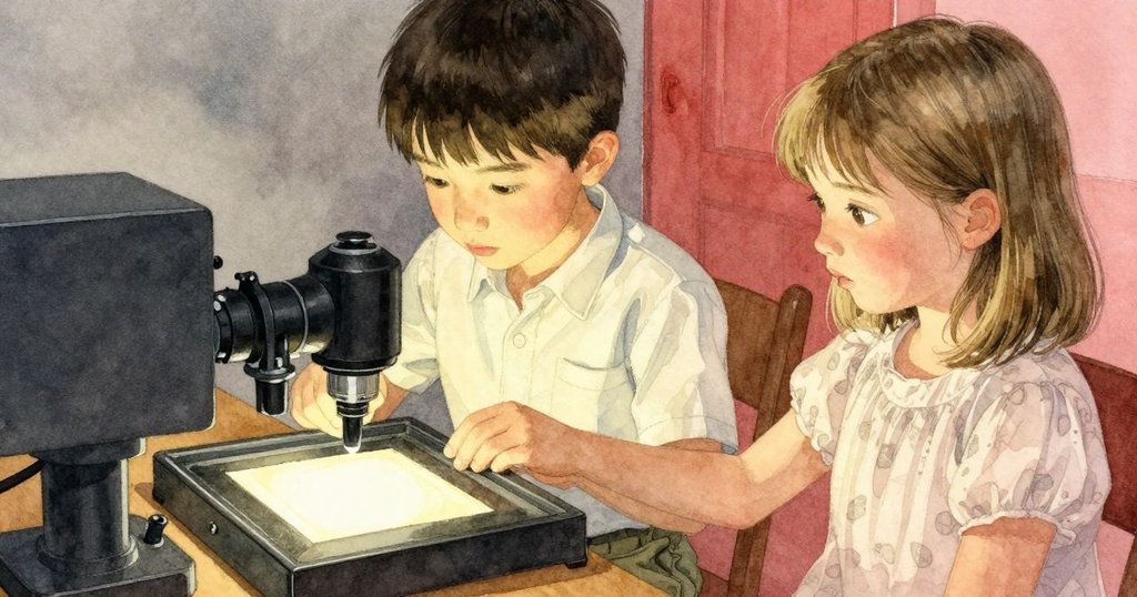 暗房中專注展示擴大器燈頭和正對遮板的投影圖像,托盤精心排列,細節豐富