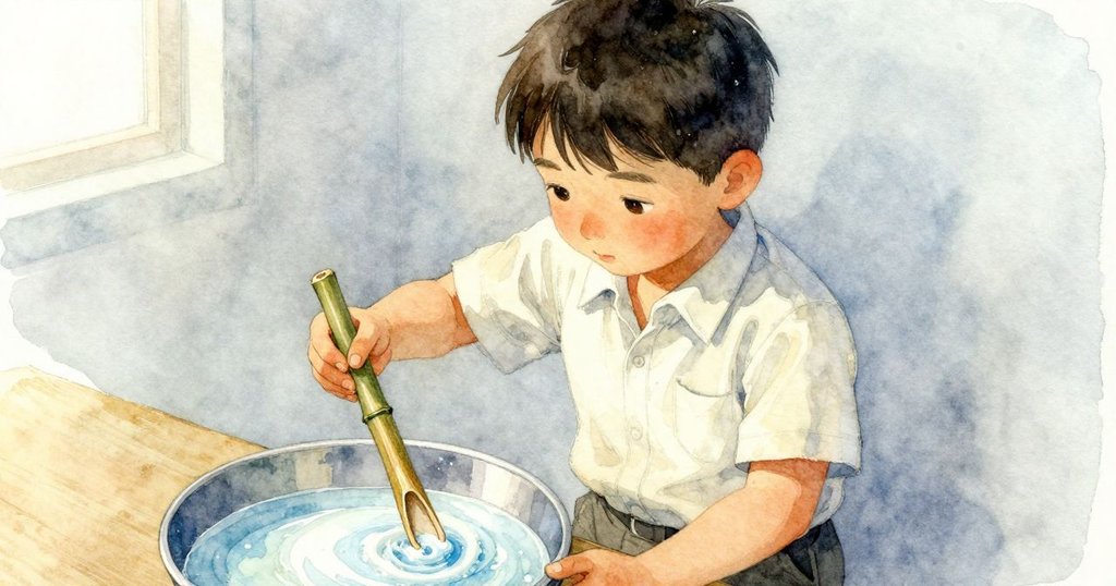 從高角度看見奧森小心使用竹夾翻轉托盤中的紙張,液體輕撫紙面,動作動人細膩