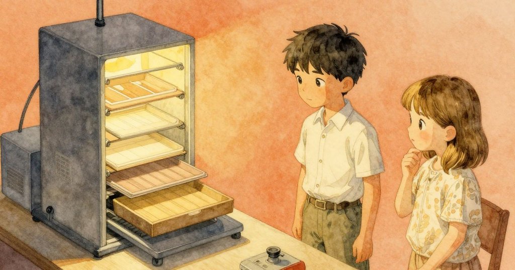 從高處俯瞰深暗房間,展現高聳擴大器和排列整齊的托盤,燈光與陰影交織豐富空間感