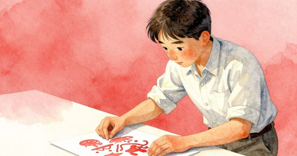 奧森凝視著展現神秘海岸剪影的紙張,面部表情透露驚奇與沉思,氛圍充滿詩意光暈