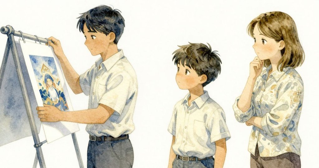 奧森攜帶完成打印的紙張向乾燥架走去,海蒂靜靜注視,全場充滿淡藍和金黃溫暖光彩