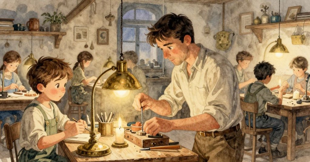 在傍晚溫暖燈光下，托比亞斯在繁忙工坊中調整機械，周圍小生物穿梭，展現充實工坊氣氛。