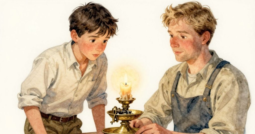 特寫畫面展示青銅燭臺上半融化的蠟燭，柔和燈光映照下細膩機械細節，營造神秘工坊氛圍。