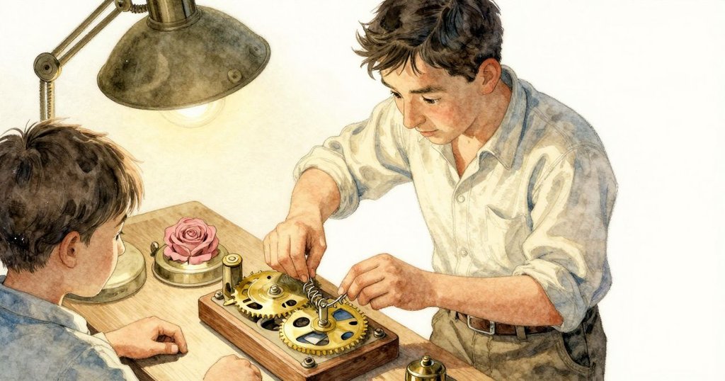 從高處俯瞰，托比亞斯專注旋轉彈簧機構，工作台上金屬工具細節清晰，展現努力與專注。