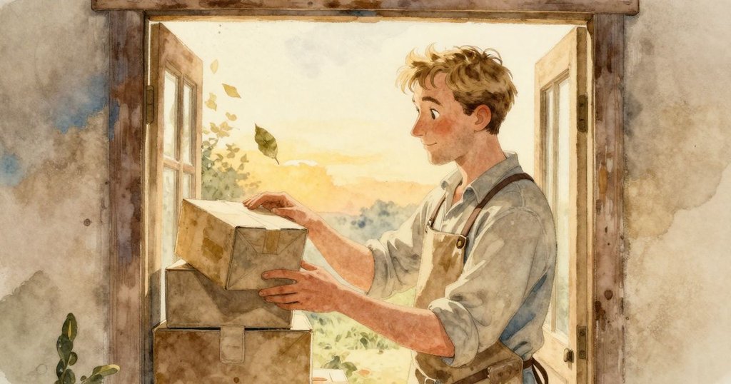 在工坊入口過渡空間中，斯特蘭凝視封箱與飄落月桂葉，環境中透出柔和黃光，流露靜思情懷。