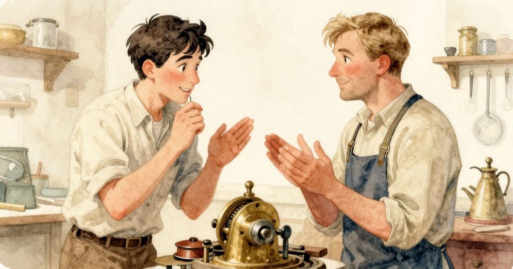 工坊裡，托比亞斯與斯特蘭互致微笑並輕握手，溫暖燈光中展現團結與成就感。