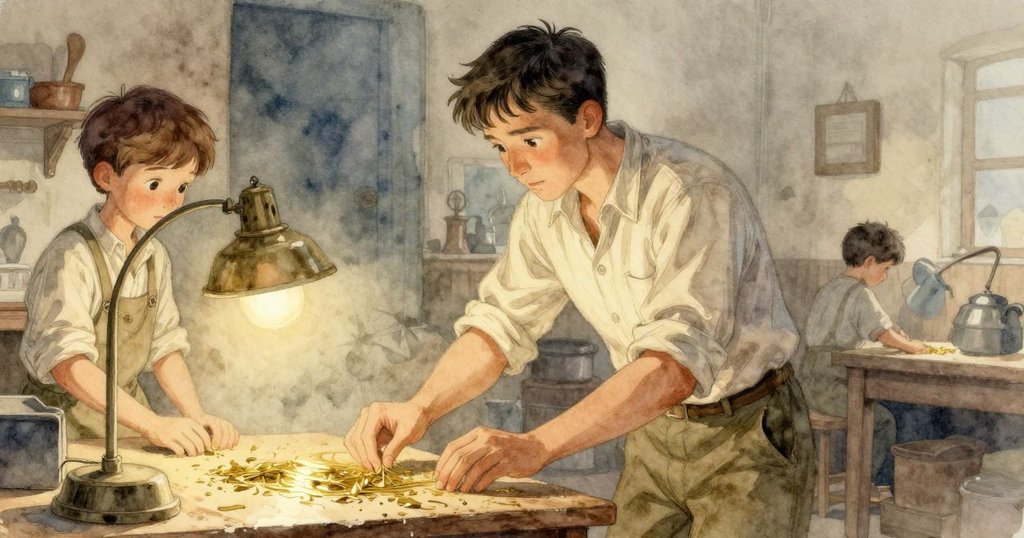 傍晚柔和燈光中，托比亞斯離開工坊，輕觸工作台上閃爍銅質細屑，滿懷回憶與柔情告別。