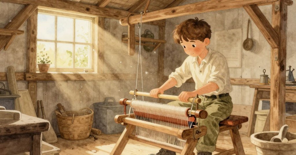 Merritt 坐在舊棚子內專注準備織機，旁邊擺著一碗糖果爆米花，陽光灑進來，充滿溫馨與期待。