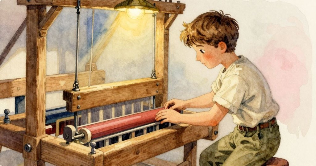 Merritt 靜靜檢查織機上新現的細溝，新痕跡在金色燈光中閃爍，充滿歷史感與專注情懷。