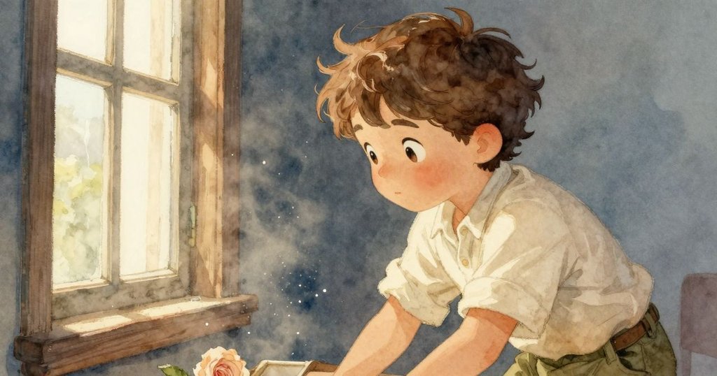 Merritt 在窗邊凝望，細塵於柔光中緩慢漂浮，窗框映出溫柔光影，融合了回憶與當下。