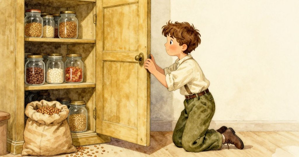 Merritt 向微掩的食品櫃望去，櫃中整齊排列著玻璃罐和玉米袋，充滿懷舊與好奇情緒。