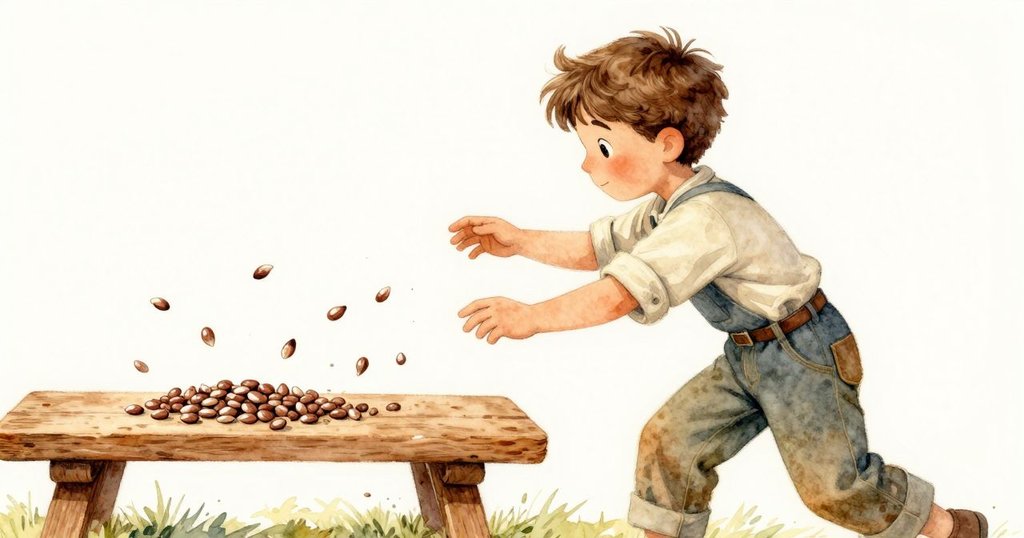 Merritt 操作織機時，一顆糖漬爆米花彈跳於木板上，動態瞬間展現節奏與活力，溫馨繽紛。