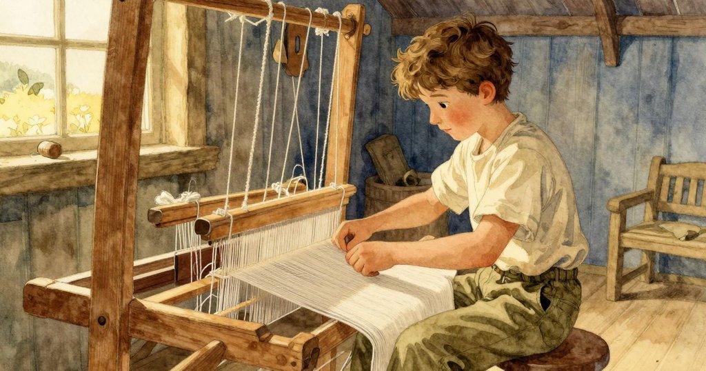 Merritt 微調織機張力，滿足地觀看逐漸成型的布料，映襯出金色溫光與寧靜的收尾。