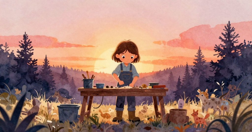 奧黛特在戶外工作台前操作控制器,背景有小鳥和動物,陽光溫暖,環境充滿忙碌與活力