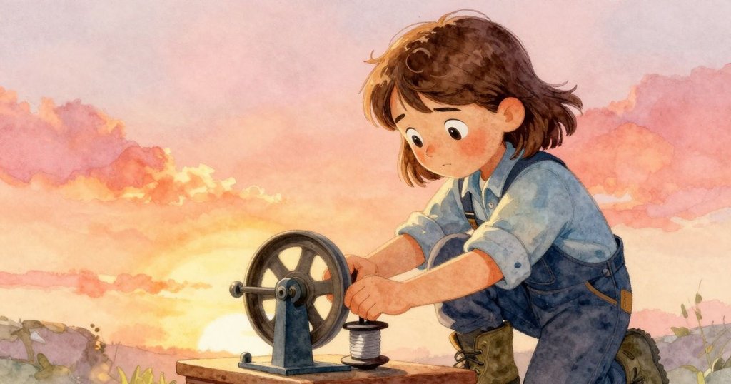 奧黛特專注地調整張力輪和線軸,手部特寫展示精細細節,溫柔光影中充滿探索精神