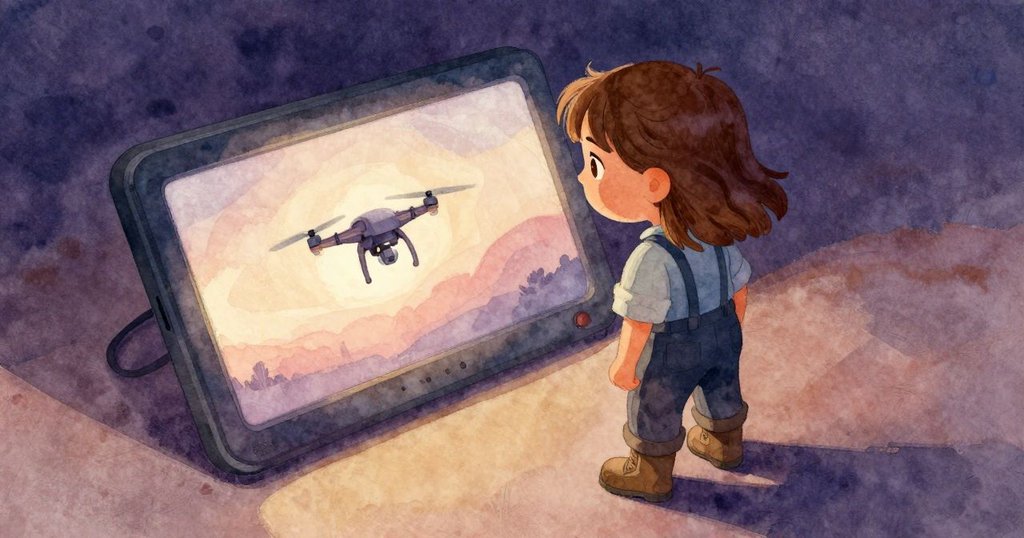 奧黛特凝視著失調屏幕,畫面中出現扭曲的地平線與機械零件,展現出好奇且思索的神情