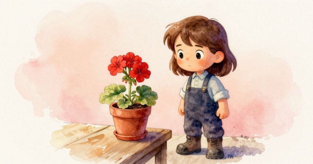 奧黛特回憶中注視著搖曳的紅色天竺葵花盆,工作台旁溫柔陰影中流露出追憶情懷