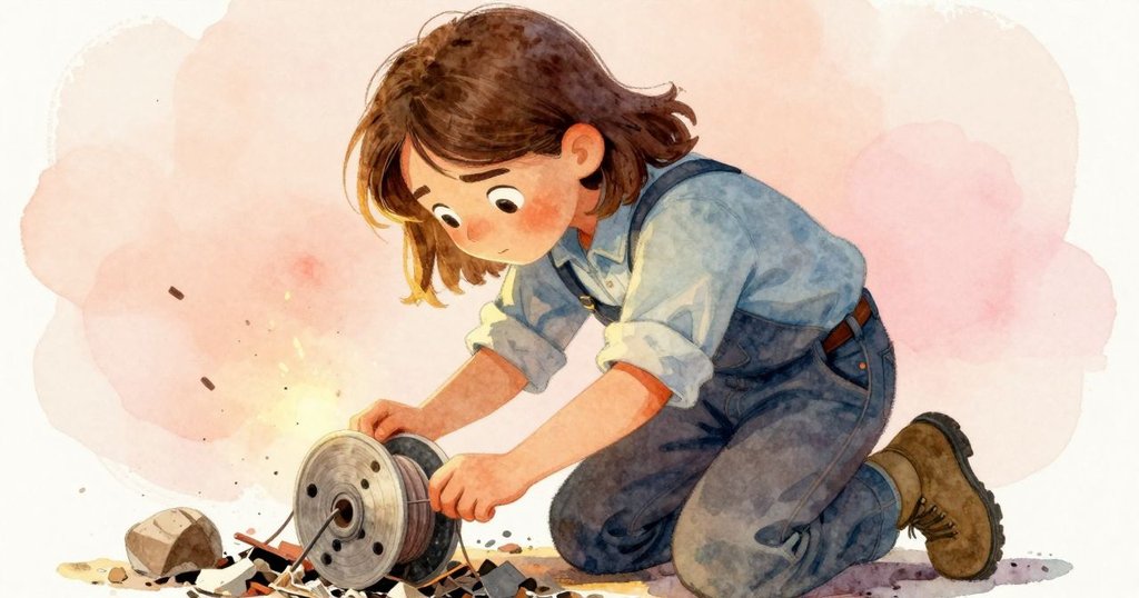 奧黛特跪在工作台邊仔細檢查線軸上的草片,臉上流露驚奇與專注,溫暖光線突顯細節