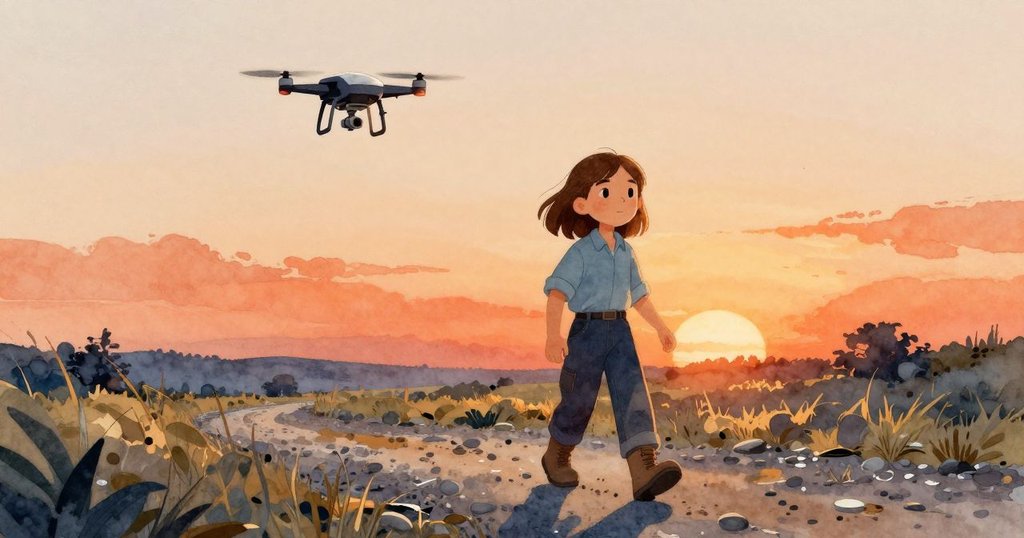 奧黛特整理完工具後沿碎石小徑離去,背後無人機盤旋空中,預示著新的冒險正等待著她