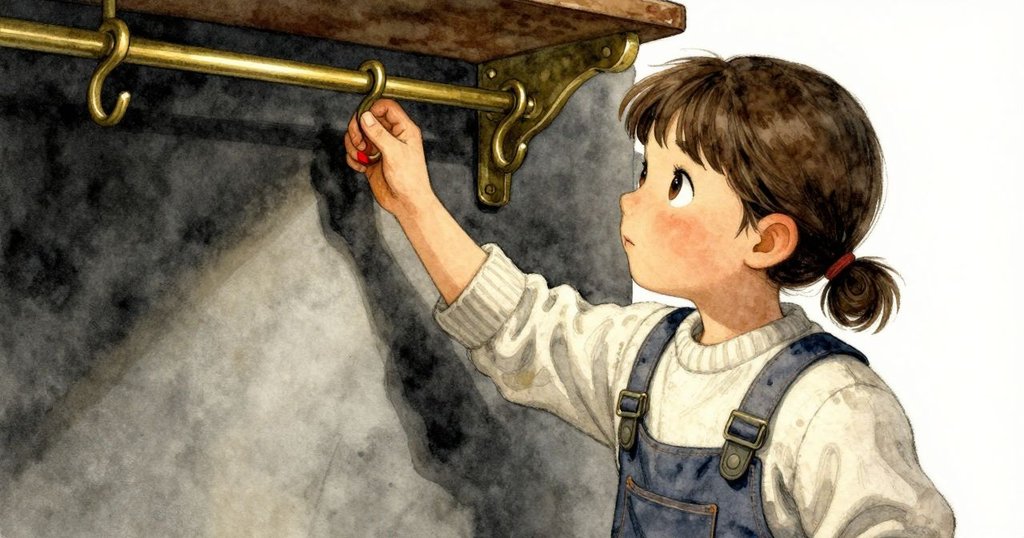 芬娜溫柔觸摸空掛鉤,近景呈現金屬光澤與溫暖燈光,透露內心記憶