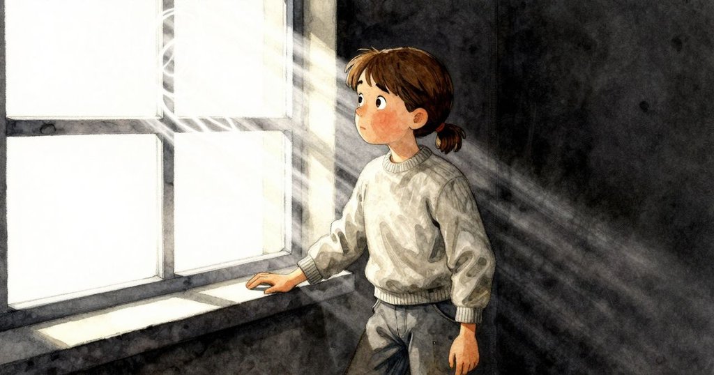 芬娜站在窗邊注視斜光穿透玻璃,光束隨風搖曳,展現夢幻氛圍