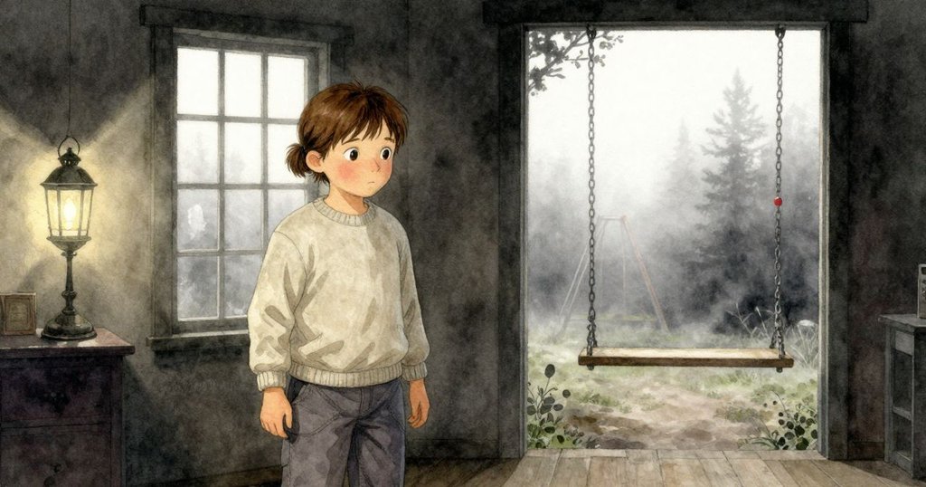 芬娜靜觀室內工作與遠處朦朧鞦韆交錯,窗中倒影映出內心思念