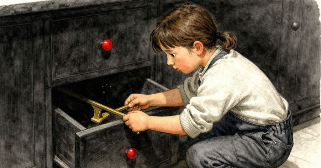 芬娜跪在維修箱旁,專注用銅楔撬抽屜,手與面部特寫流露出堅定與掙扎