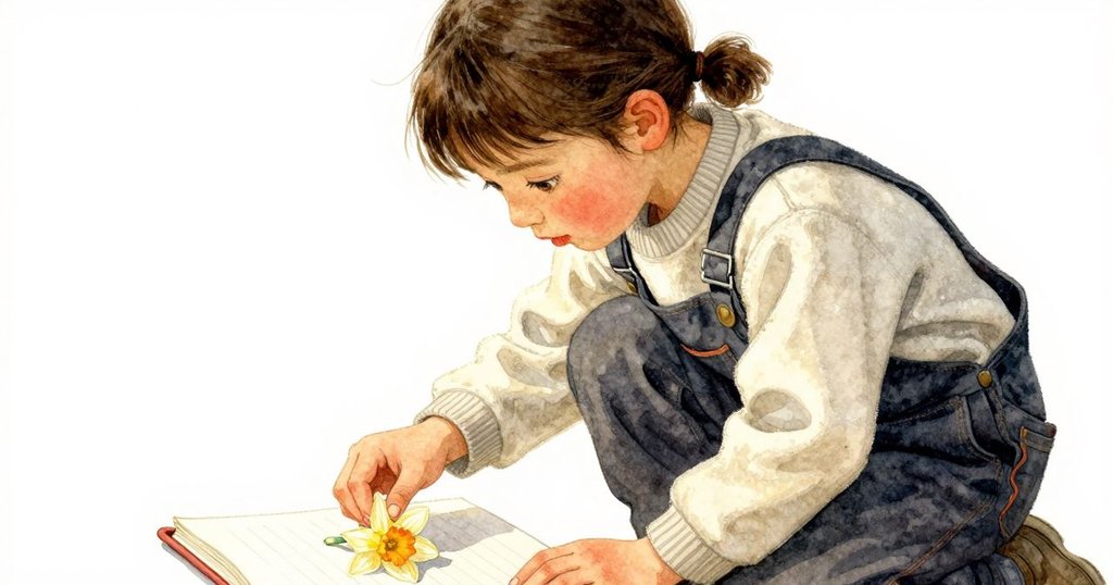 芬娜輕放黃花瓣於賬冊間,近景展示手與花瓣細節,溫暖光影中傳遞希望與更新