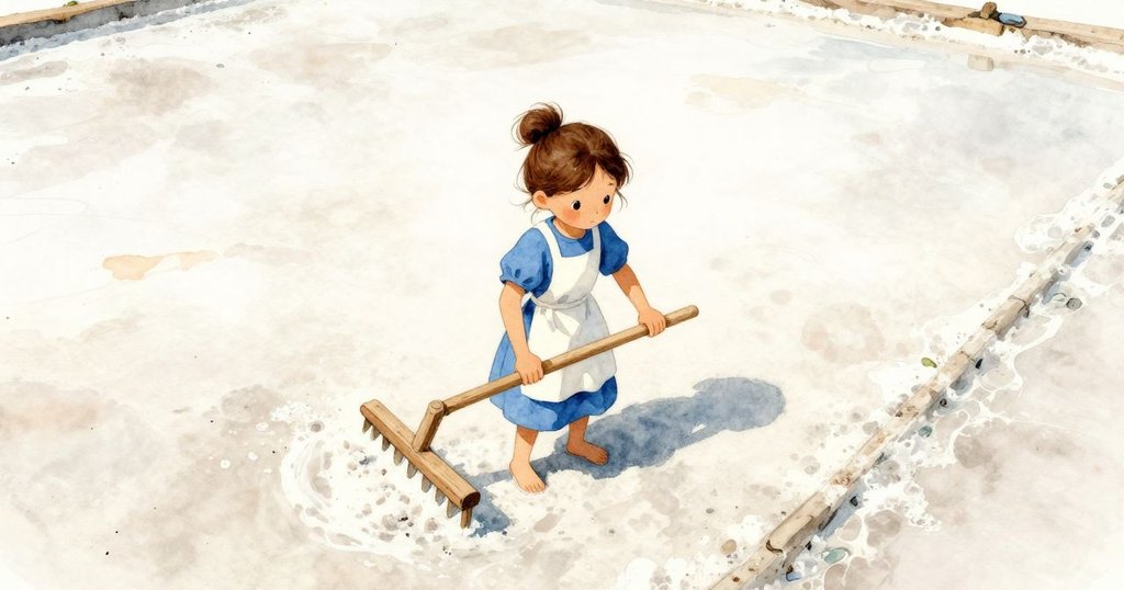 克拉拉在鹽田中拖著木耙,從高空俯瞰鹽田廣闊景色,陽光溫暖灑落,展現開端動作