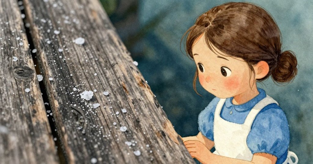 克拉拉的手輕觸木板細節特寫,鹽晶閃耀在溫柔光線下,展現神秘機關初現感